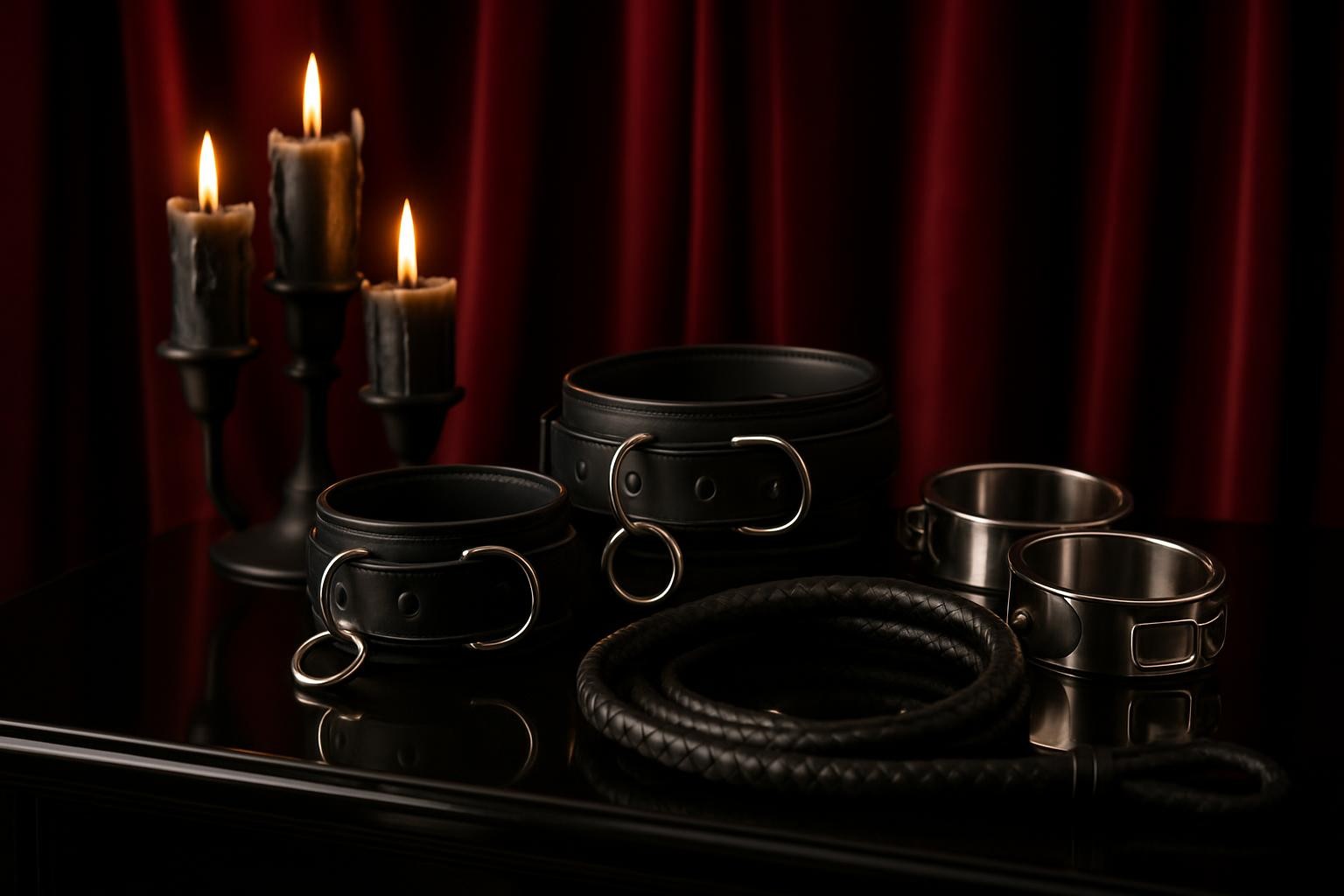 A meticulously arranged dominatrix studio altar with no people, featuring a high-gloss black lacquer table holding an artful display of leather collars, gleaming stainless steel cuffs, and a coiled braided bullwhip. Deep red velvet drapes fall behind the table, creating a theatrical backdrop. A matte-black candleholder with thick, partially melted pillar candles adds dramatic shapes. Warm, directional studio lighting from the left carves out sharp highlights on metal surfaces and rich texture on leather, while the background falls into soft shadow. Photographic realism, shot at eye level with a shallow depth of field, keeping the tabletop objects razor sharp and the drapes softly blurred, evoking a bold, luxurious, and unapologetically powerful atmosphere for a professional femdom brand.
